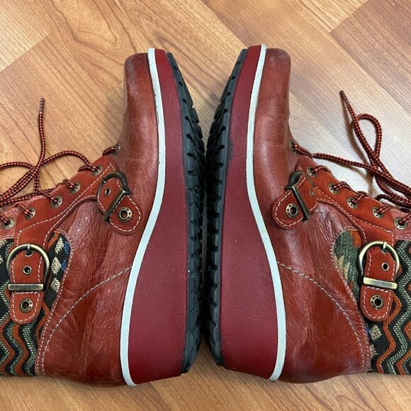Dromedaris Genuine Leather & Tapestry Wedge Boots Sz 41 Red - Picture 4 of 11